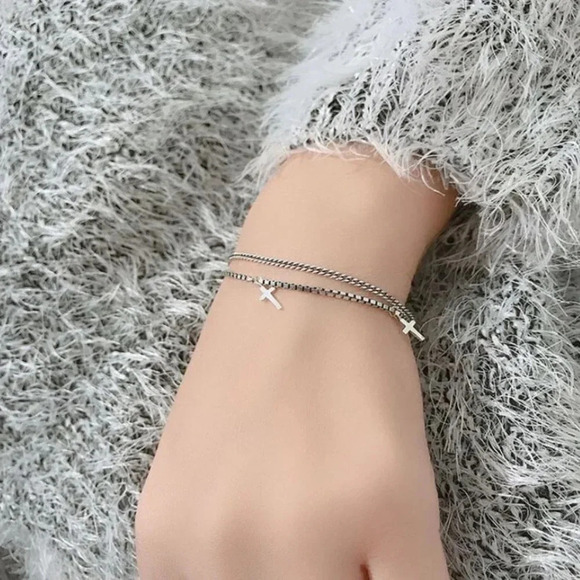 925 Sterling Silver Dainty Minimalist Cross Bracelet Layered Box Chain Bracelet - Picture 3 of 5